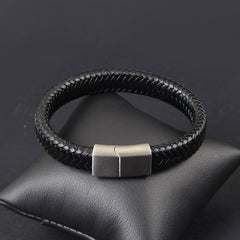 Black Braided Leather Silver Magnetic Lock Fashion Bracelet