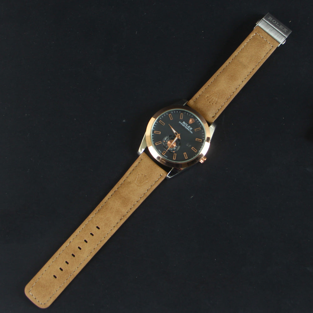 Men's Wrist Watch Silver Rosegold Dial with Brown Strap