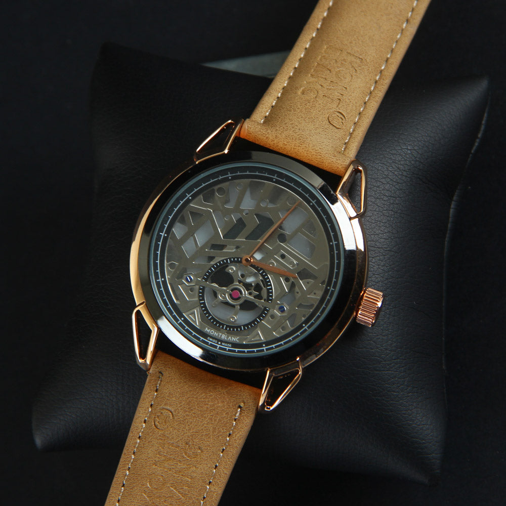 Men's Wrist Watch Rosegold Black Dial with Brown Strap