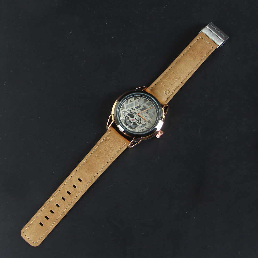 Men's Wrist Watch Rosegold Black Dial with Brown Strap