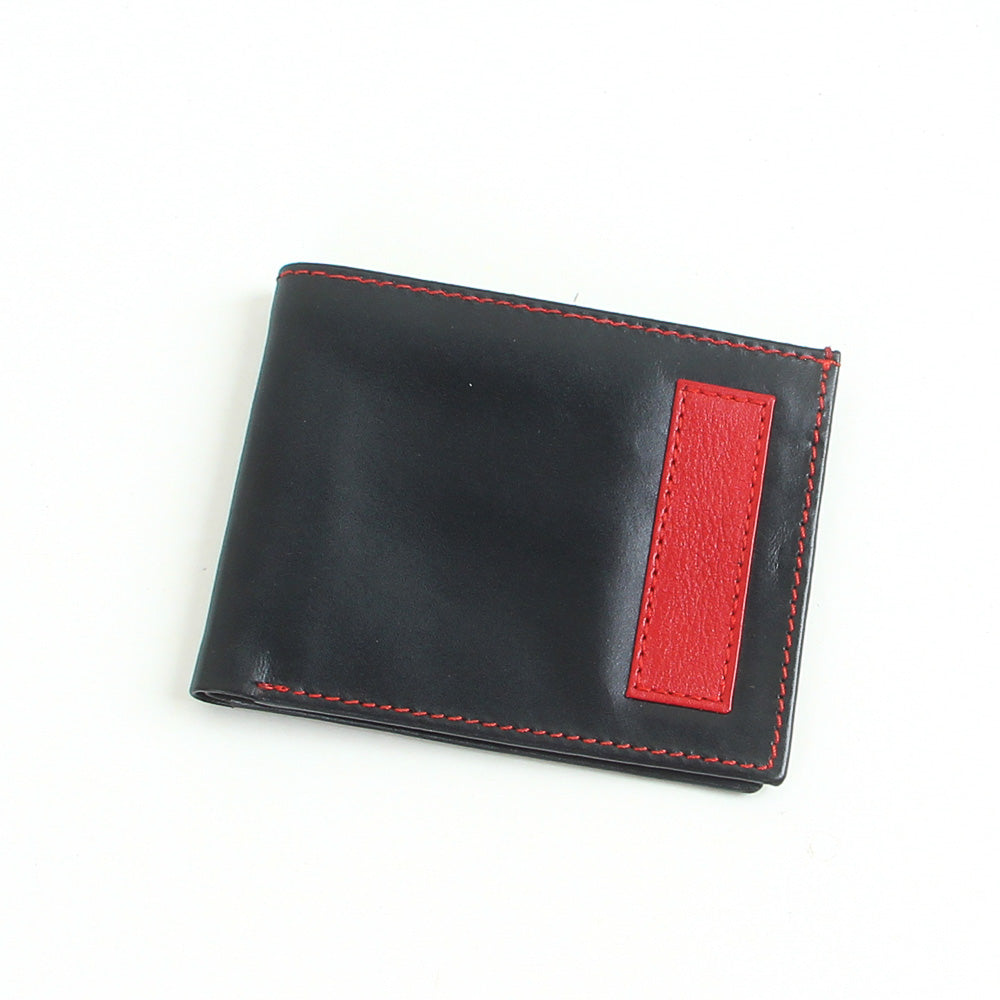 Mens genuine leather bifold slim wallet black with red strip
