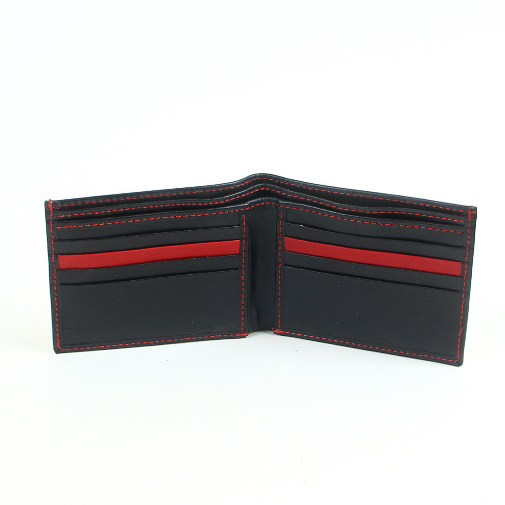 Mens genuine leather bifold slim wallet black with red strip