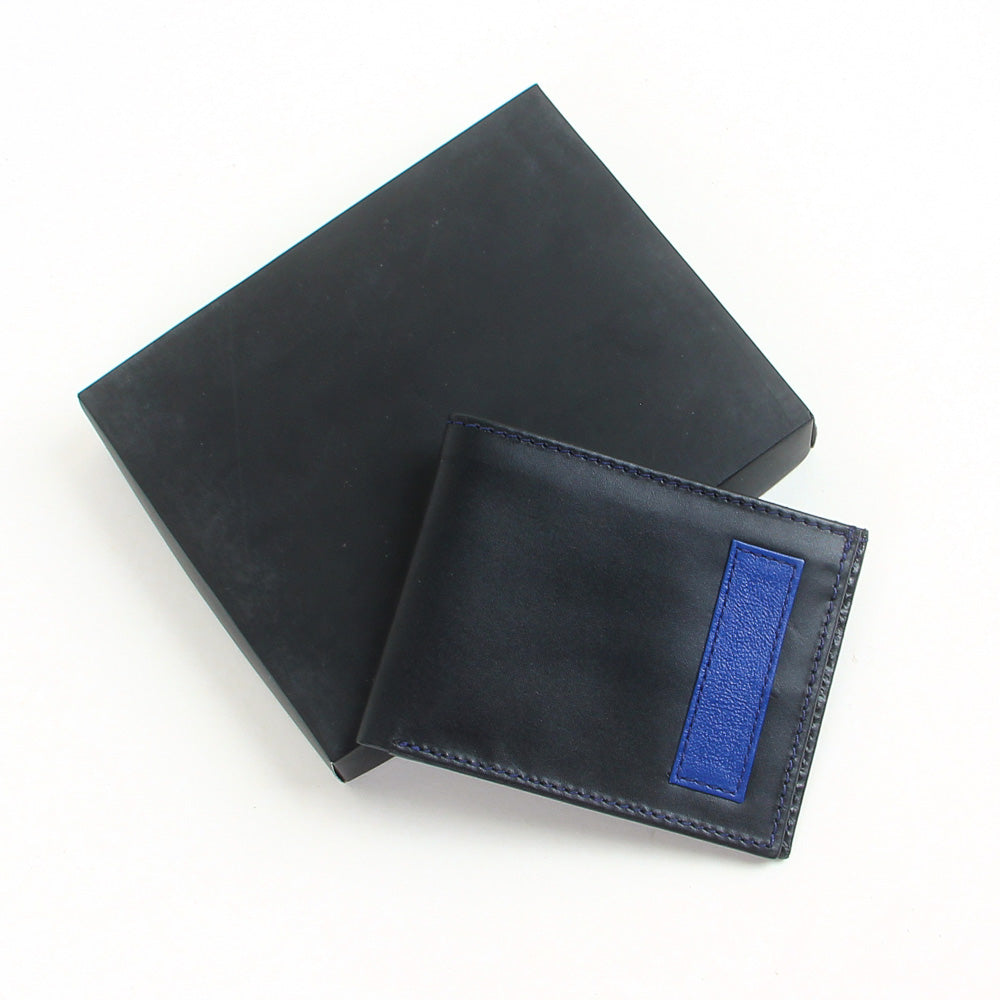 Mens genuine leather bifold slim wallet black with blue strip