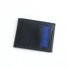 Mens genuine leather bifold slim wallet black with blue strip