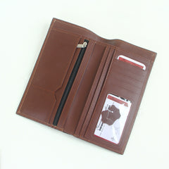 Genuine leather bifold long travel wallet brown
