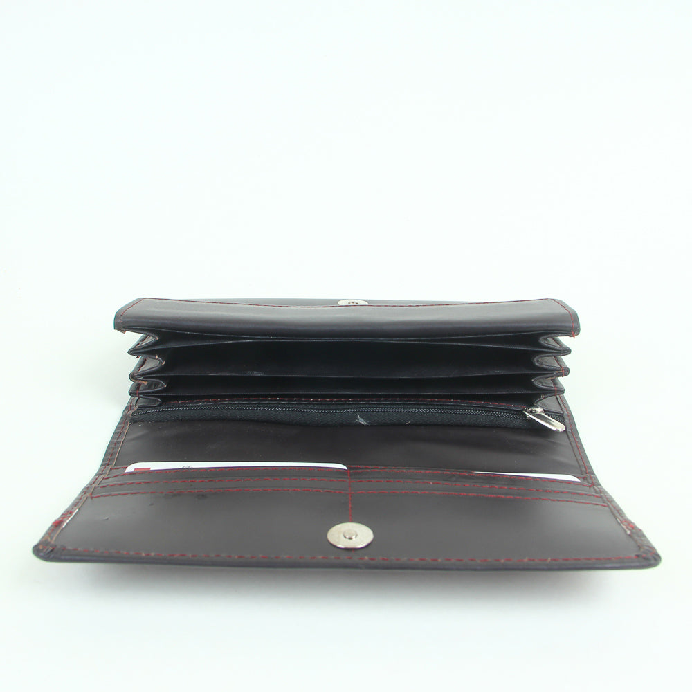 Woman's genuine leather wallet black with red thread design