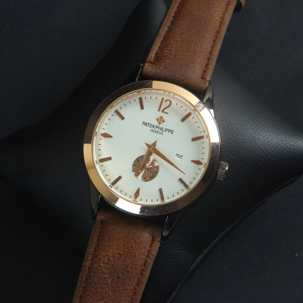 Men's Wrist Watch Brown Leather Strap White Dial