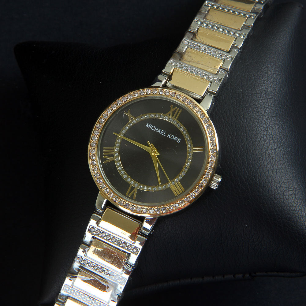 Two Tone Women Chain Wrist Watch Golden Black MK