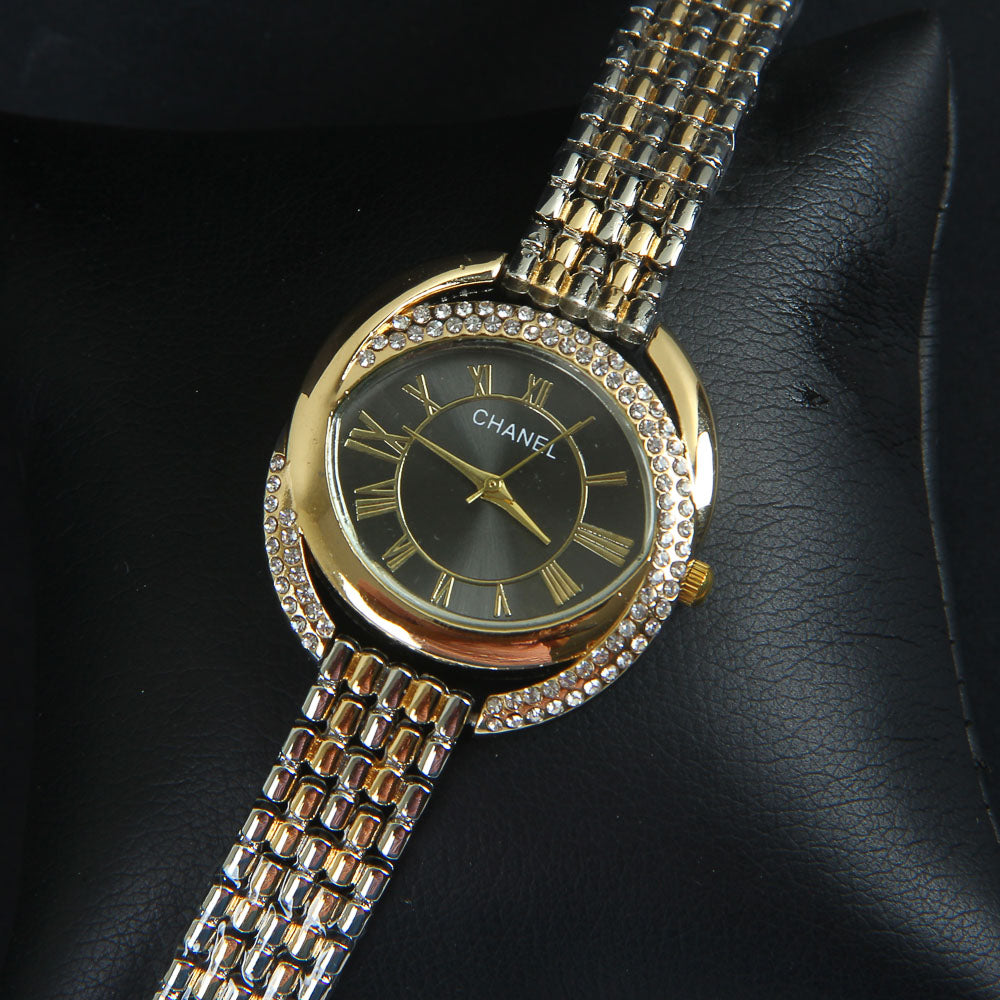 Two Tone Women Chain Wrist Watch Golden Black C