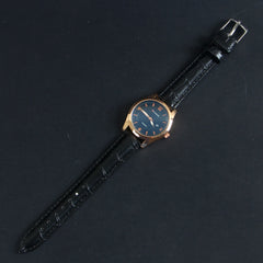 Black Leather Strap Rosegold Dial Women Wrist Watch