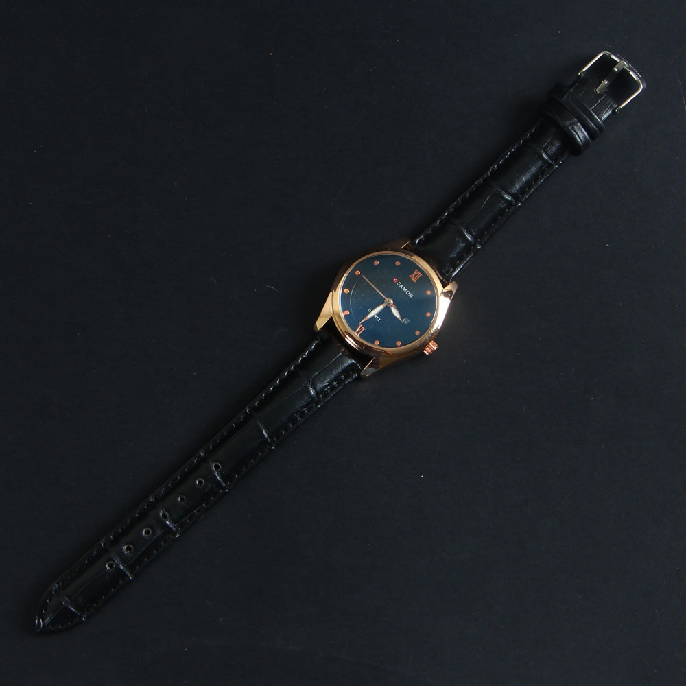 Black Leather Strap Rosegold Dial Women Wrist Watch 1