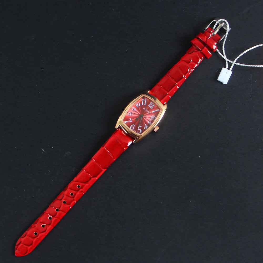 Red Leather Strap Rosegold Dial Women Wrist Watch