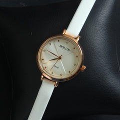 White Leather Strap Rosegold Dial Women Wrist Watch
