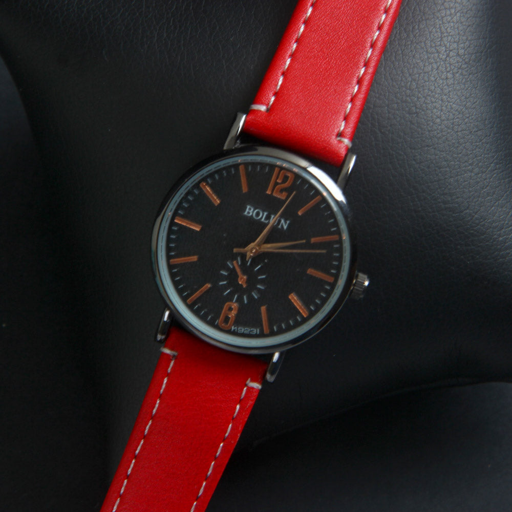 Red Leather Strap Black Dial Women Wrist Watch