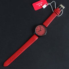 Red Leather Strap Black Dial Women Wrist Watch