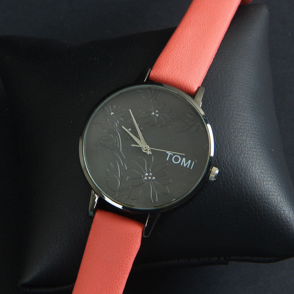 Dark Pink Strap Black Dial Wrist Watch