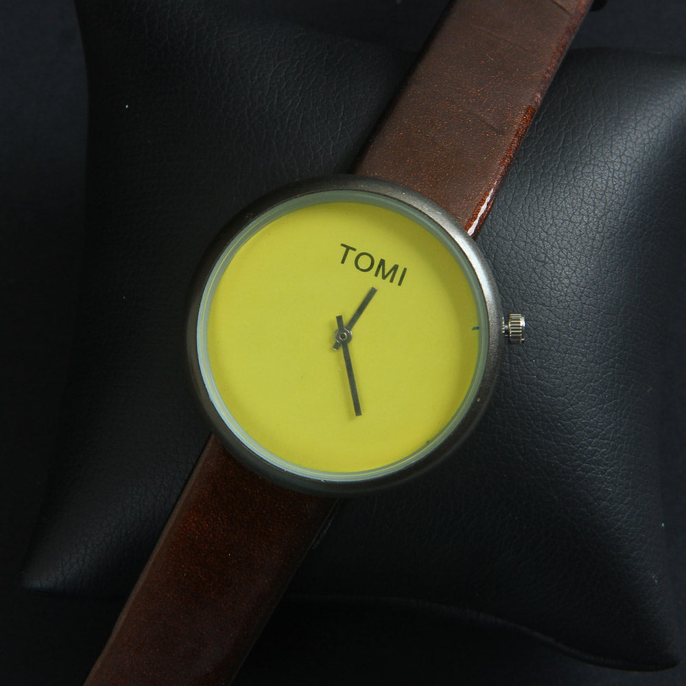 Brown Strap Yellow Dial Wrist Watch