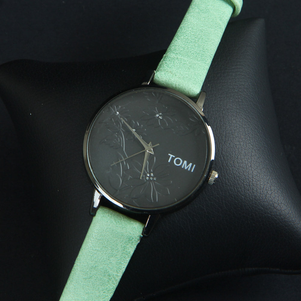 Green Strap Black Dial Wrist Watch