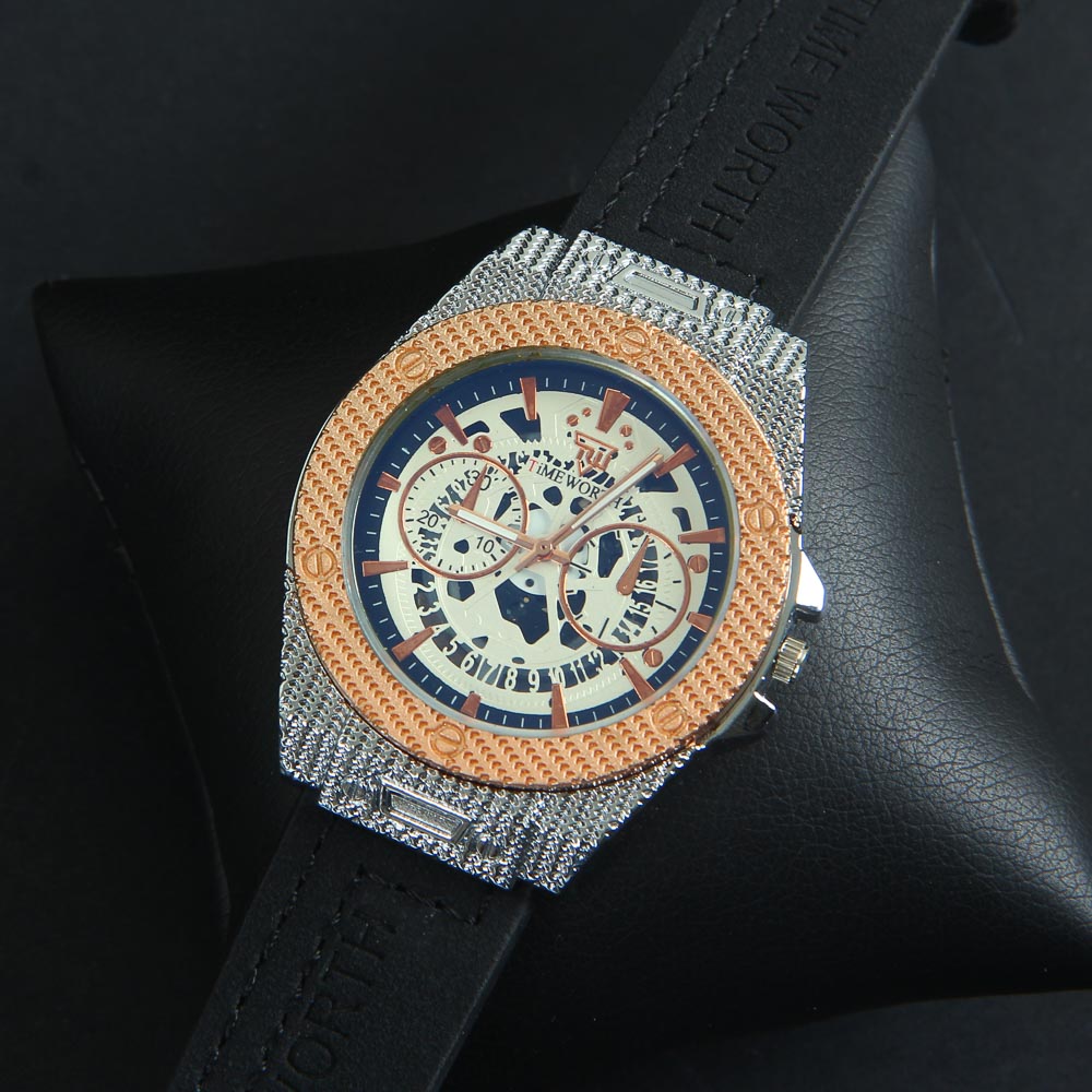 Mens Wrist Watch Black Strap with Rose Gold Dial