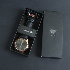 Mens Wrist Watch Rosegold Dial Black Straps TMI