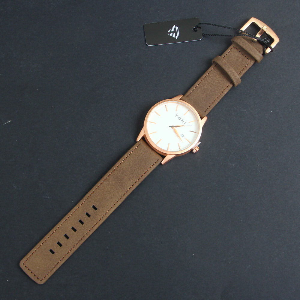 Mens Wrist Watch Rosegold Dial Brown Straps TMI