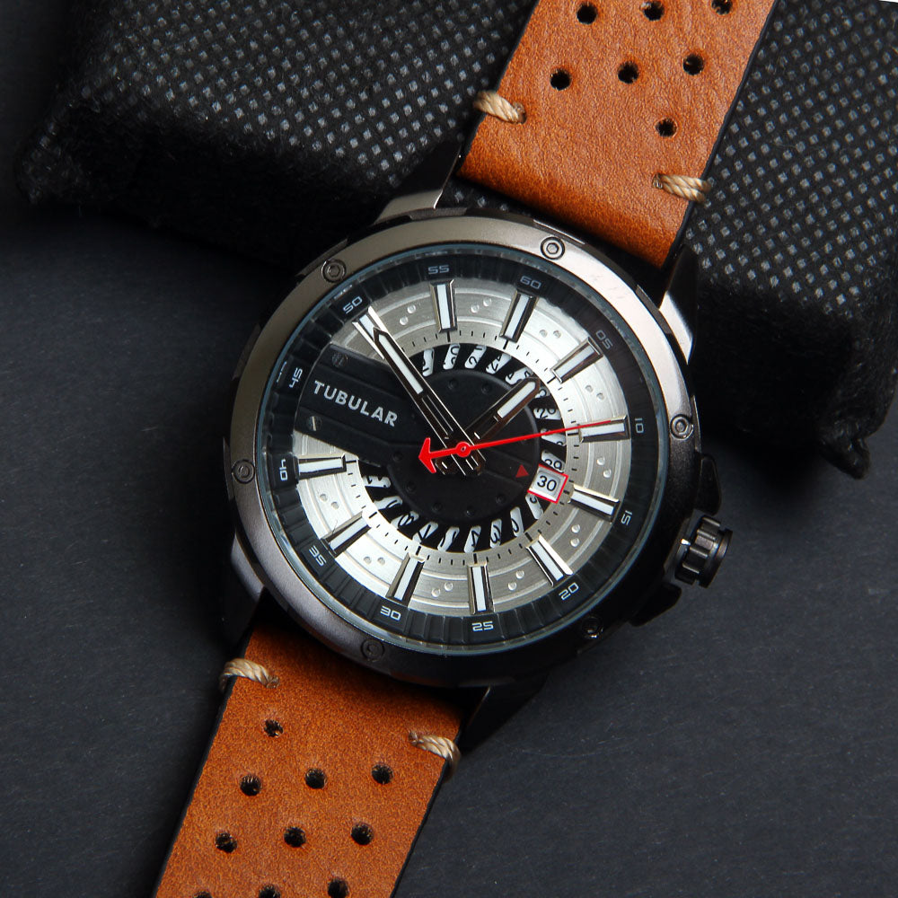 Mens Analog Wrist Watch With Date & Time Brown Straps