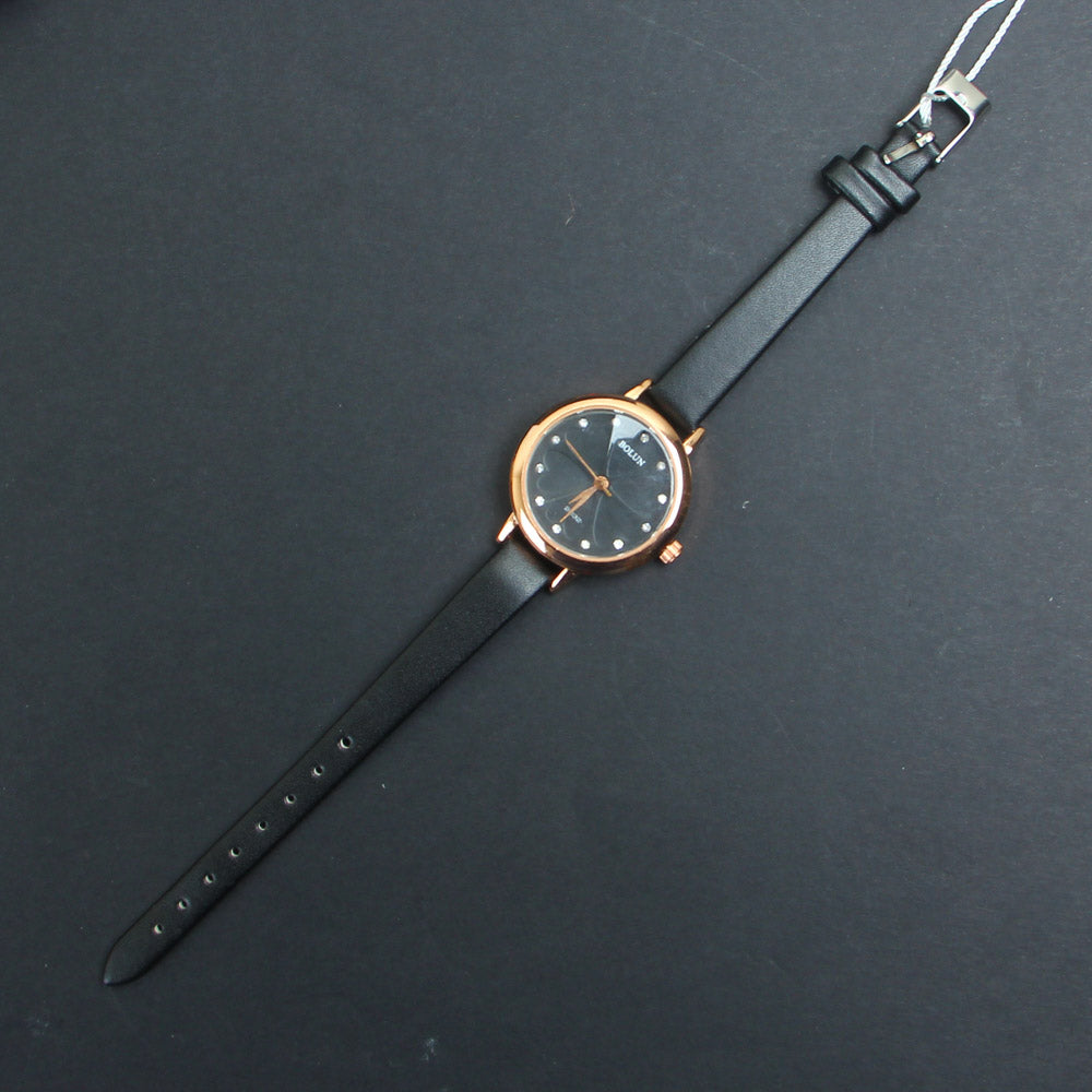 Womens Wrist Watch Golden Dial With Black Straps