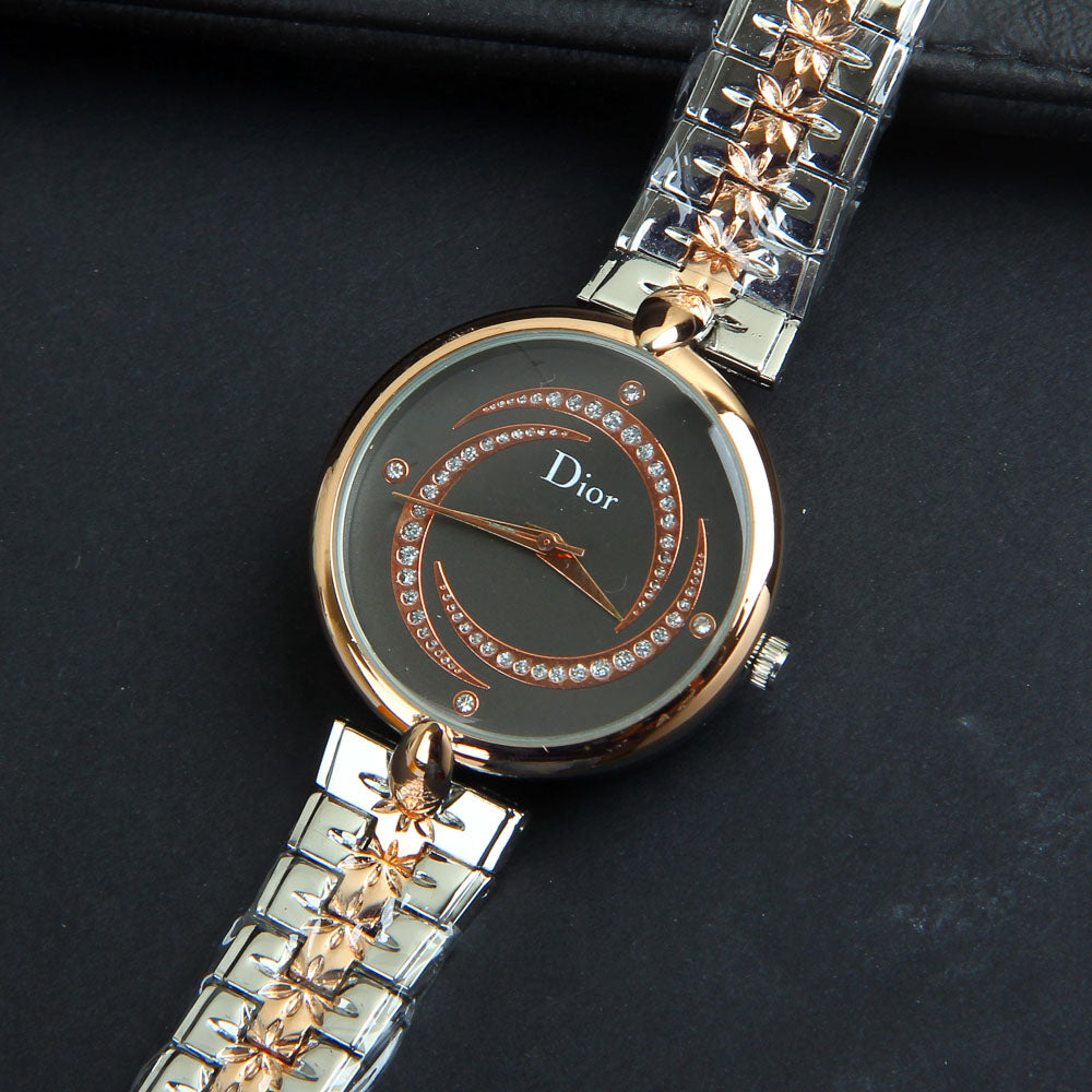 Two Tone Women Silver-Rosegold Chain Wrist Watch Black Dial