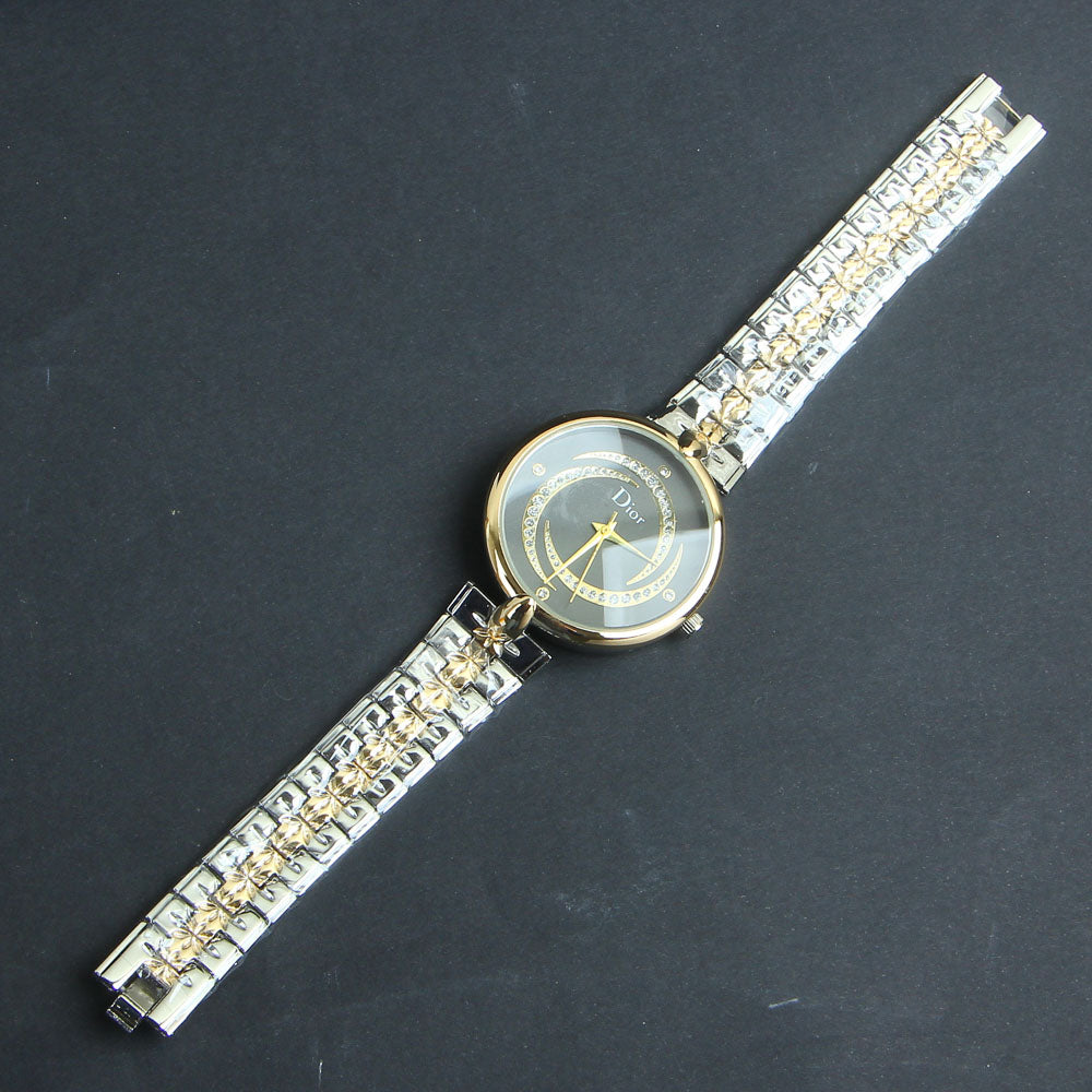 Two Tone Women Silver-Golden Chain Wrist Watch Black Dial