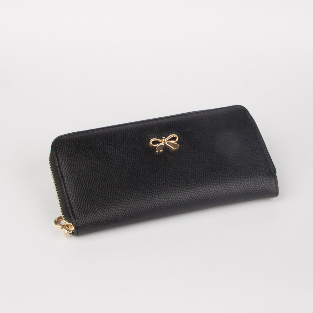 Women Black Long Zip Leather Wallet Card Holder with Golden Bow