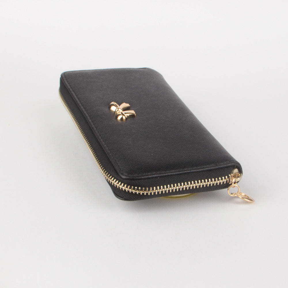 Women Black Long Zip Leather Wallet Card Holder Bow Handbags - Thebuyspot.com