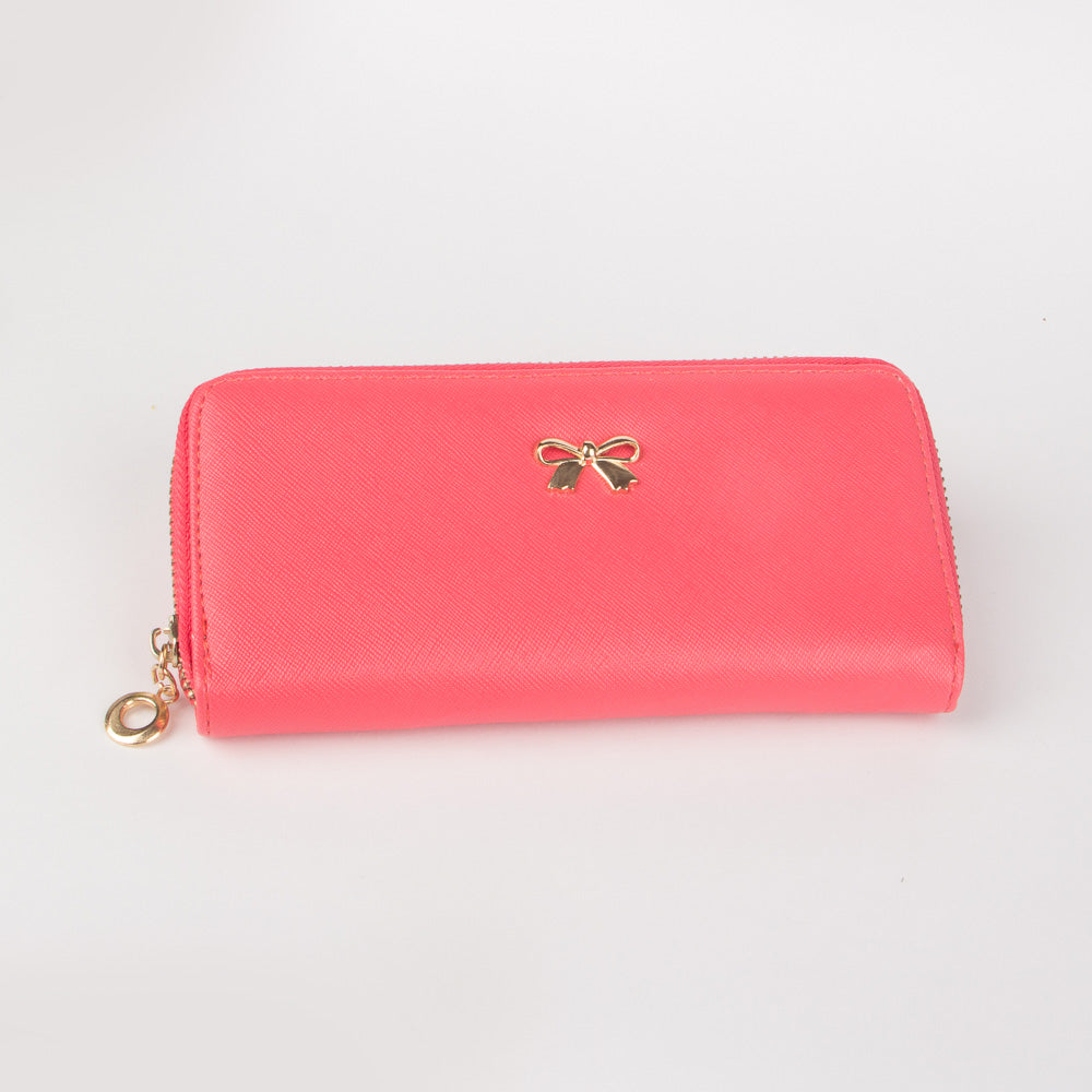 Women Pink Long Zip Leather Wallet Card Holder Bow Handbags