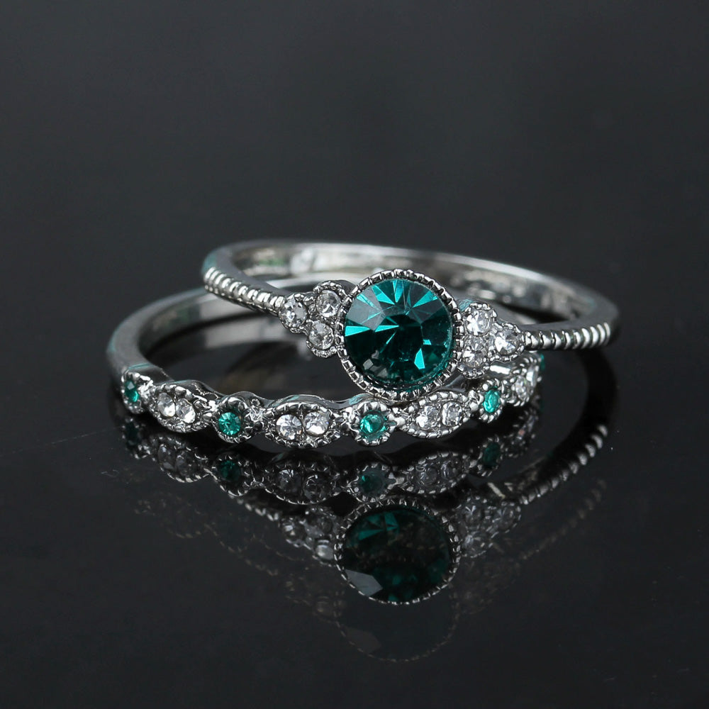 2Pcs Set rings Green Luxury Crystal Rings