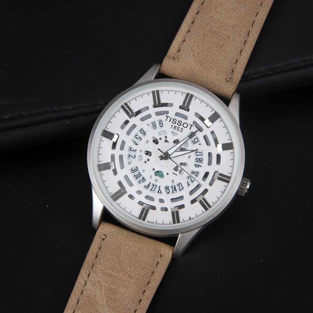 Mens Wrist Watch Beige Strap with Silver Dial