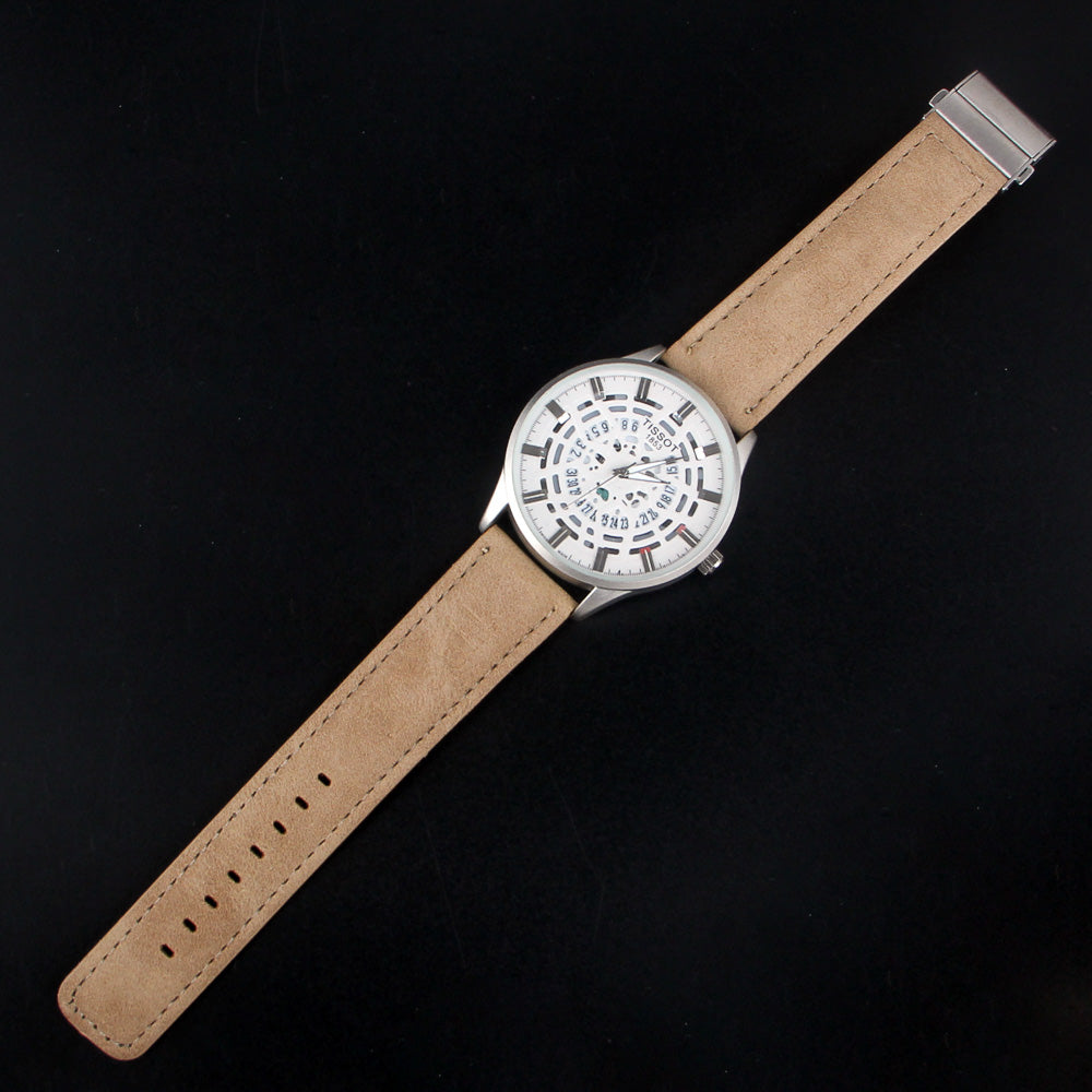 Mens Wrist Watch Beige Strap with Silver Dial