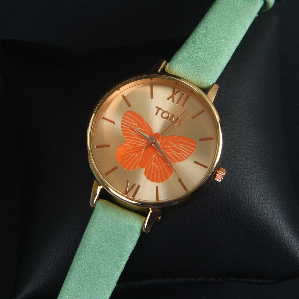 Light GreenLeather Strap Rose Dial Fashion TM205 Women Wrist Watch