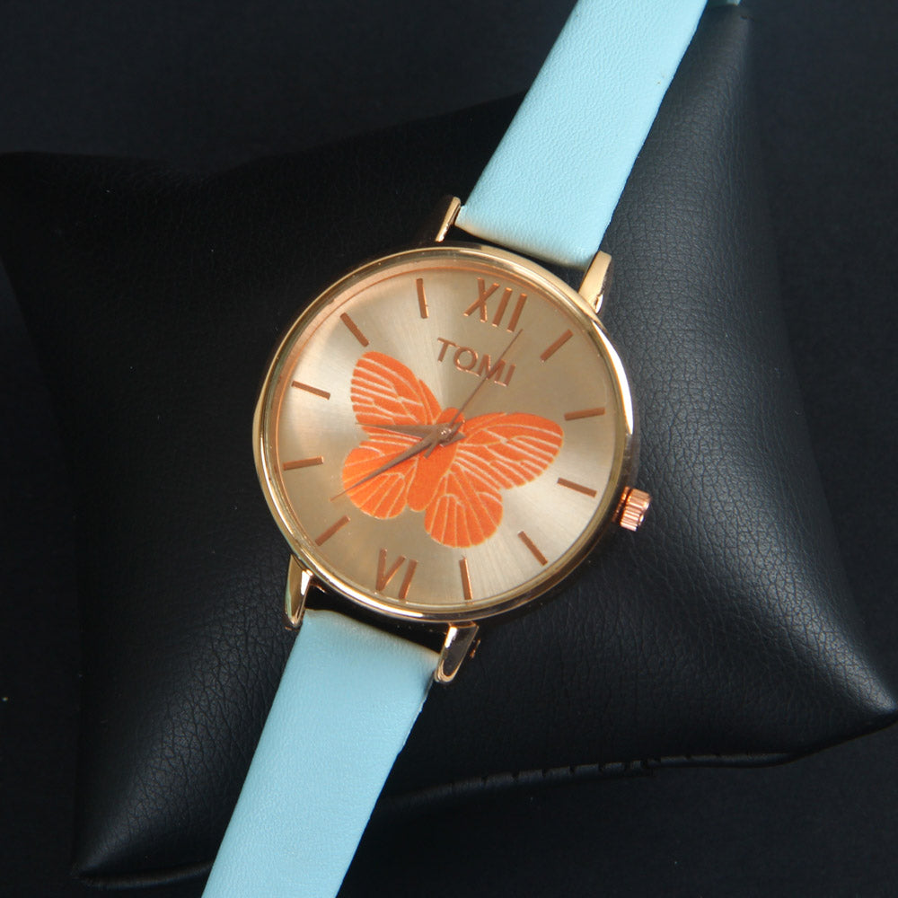 Light  blue Leather Strap Rose Dial Fashion TM206 Women Wrist Watch