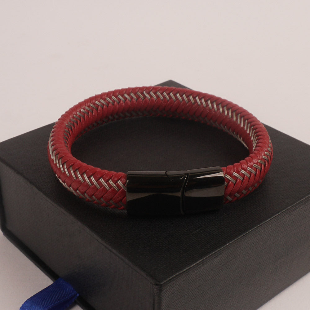 Red Leather silver Wire with Black magnetic lock Leather Bracelet