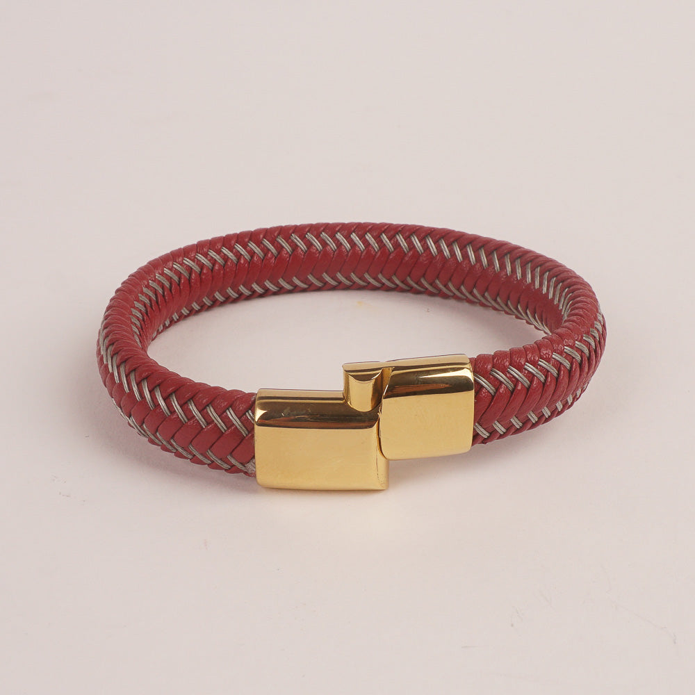 Red Leather silver Wire with Golden magnetic lock Leather Bracelet