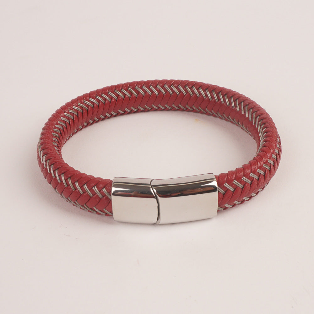 Red Leather silver Wire with Silver magnetic lock Leather Bracelet