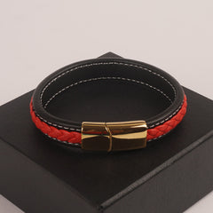 Red and Black  Leather with golden magnetic lock Fashion Leather Bracelet
