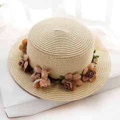 Summer Beach Caps Panama WH1553 Women's Sun Hat Bucket cap beige lace Bowknot Flowers Ribbon Flat top Straw Hat