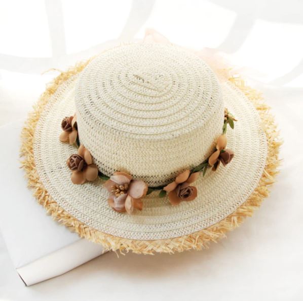 Women Hat Panamanian Style  WH1548 With Flowers Bow Straw Tassel Hat