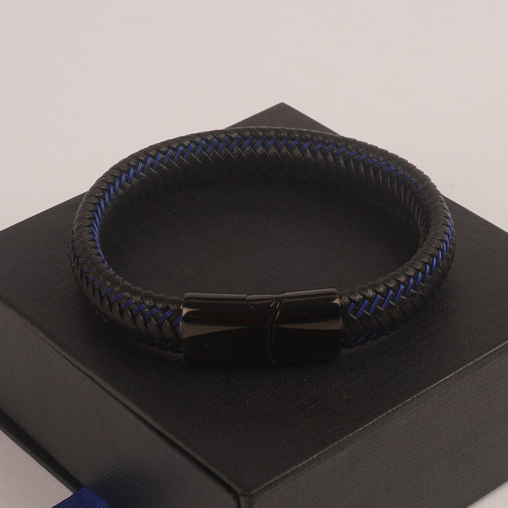 Black Leather Blue wire with Black magnetic lock Leather Bracelet