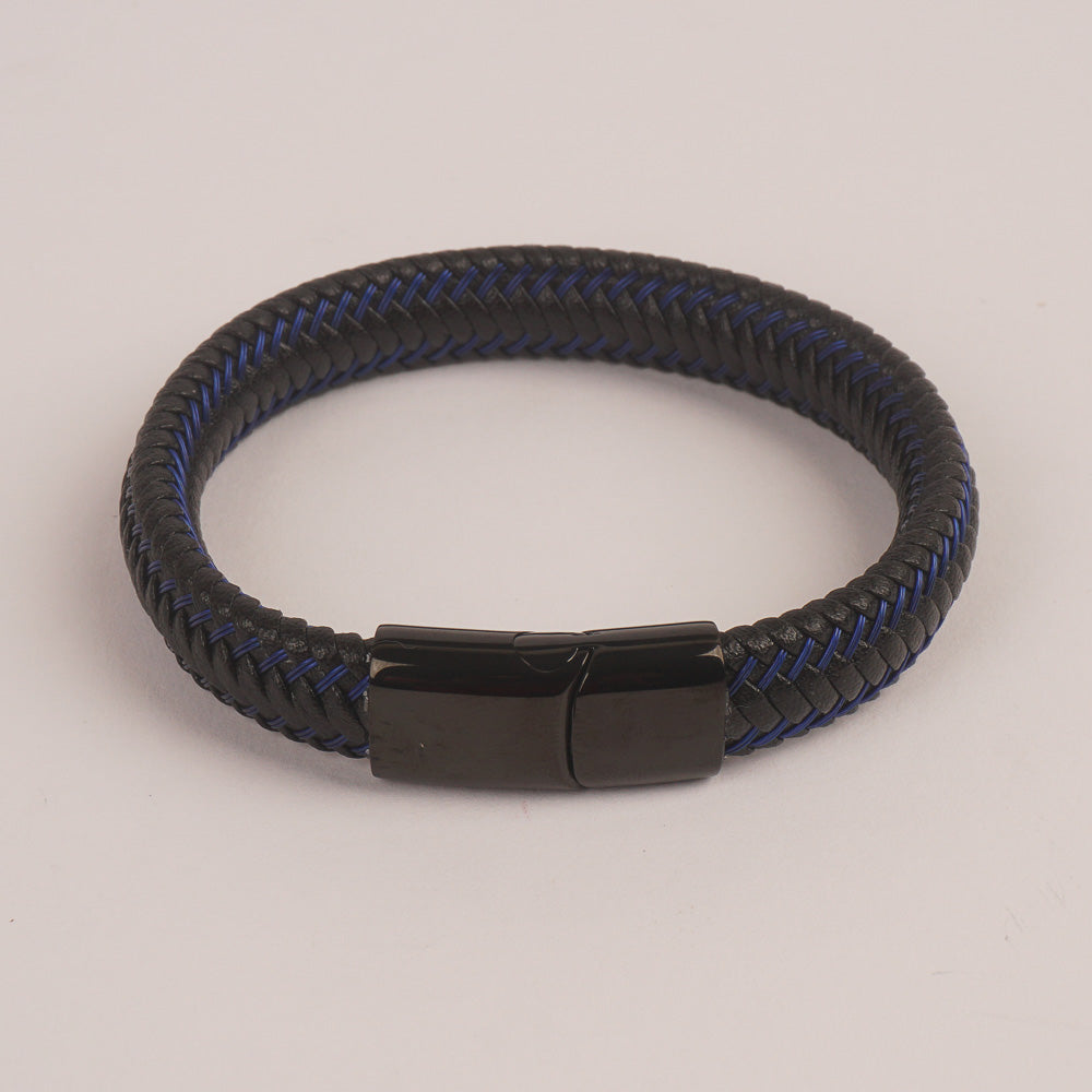 Black Leather Blue wire with Black magnetic lock Leather Bracelet